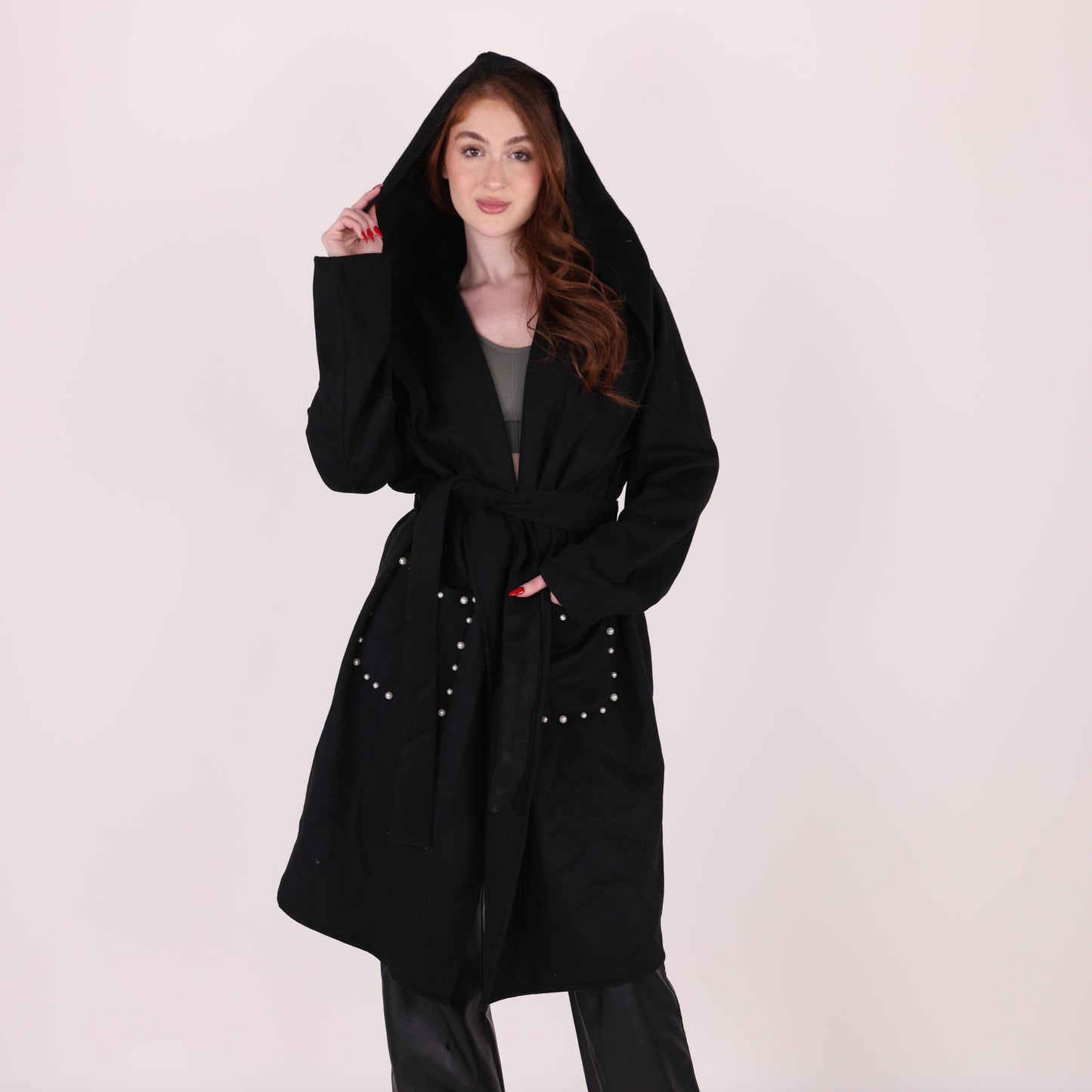 Chic Black Hooded Coat with Belted Waist