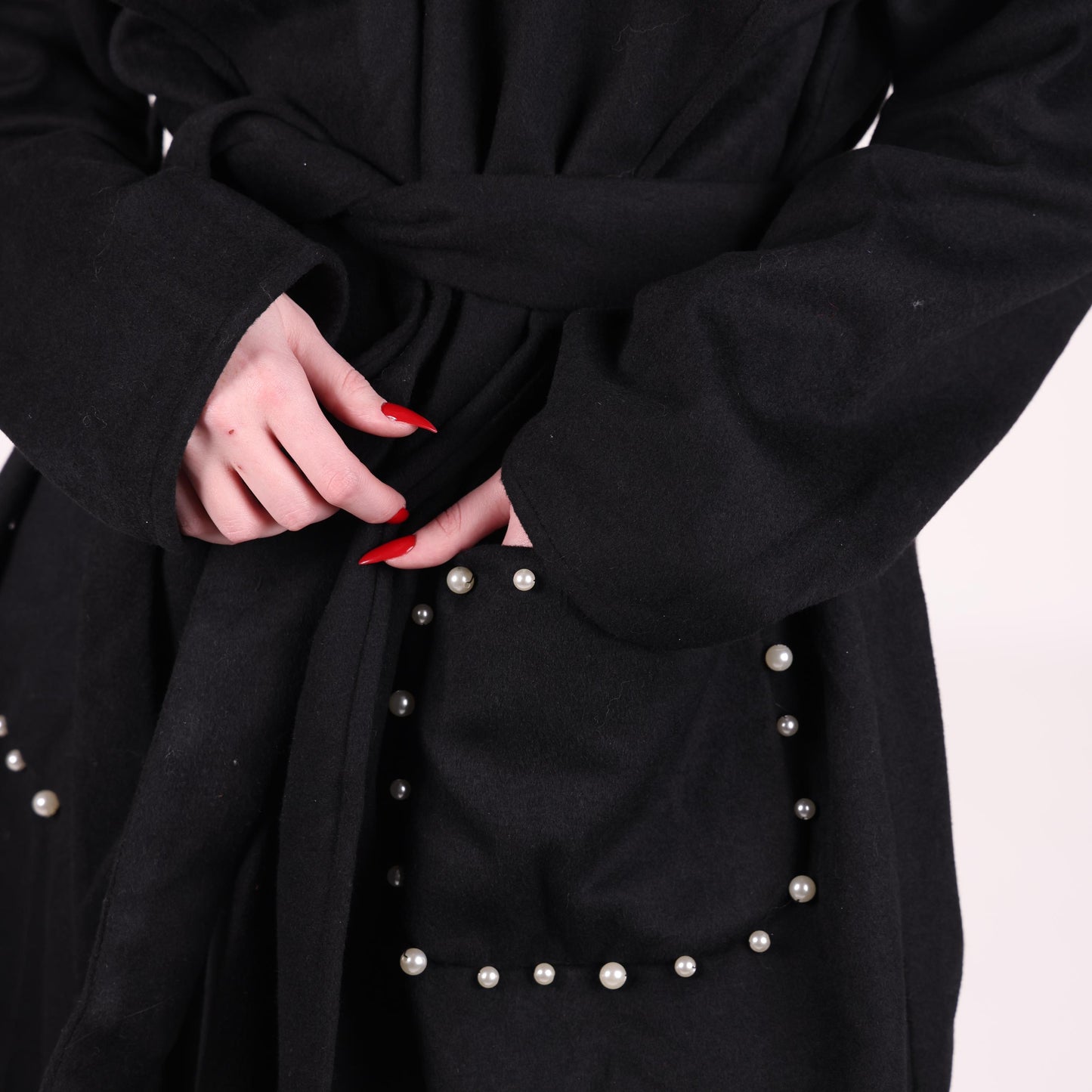 Chic Black Hooded Coat with Belted Waist