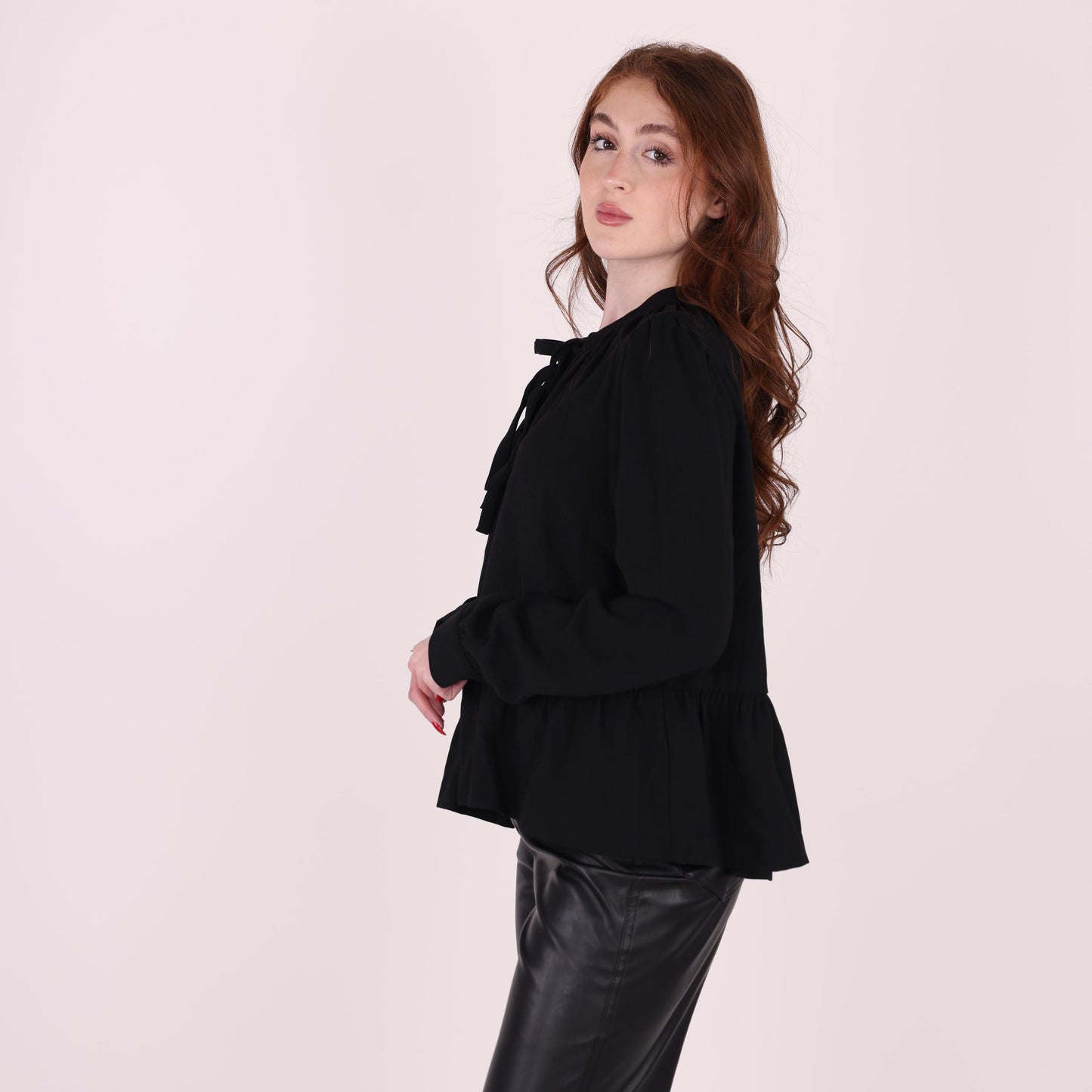 Black Long-Sleeve Peplum Blouse with Tie-Neck