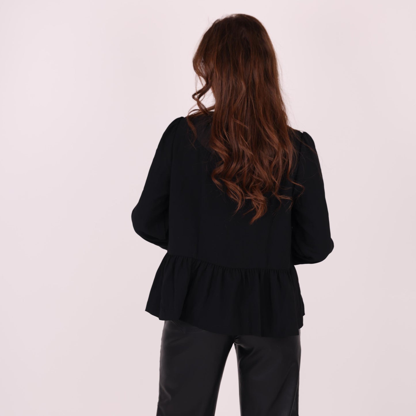 Black Long-Sleeve Peplum Blouse with Tie-Neck