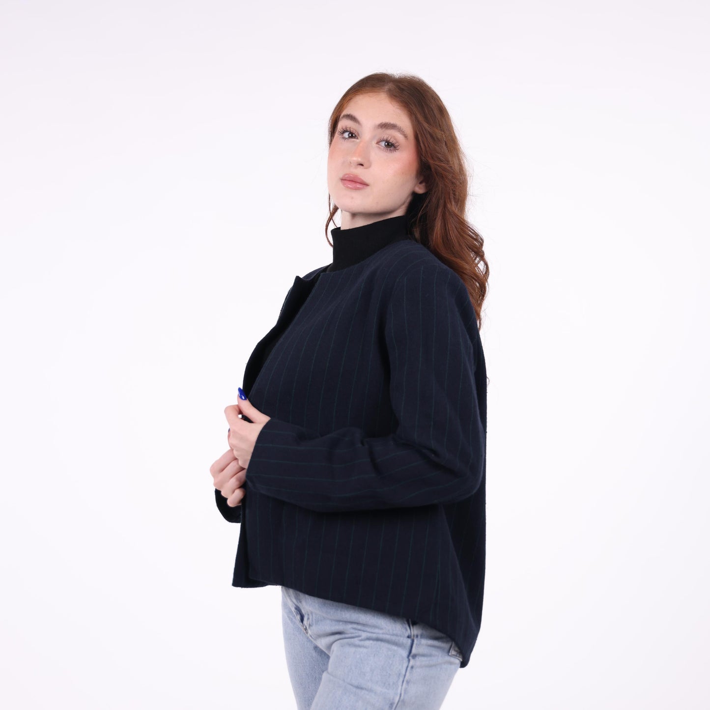 Navy Pinstripe Open-Front Blazer