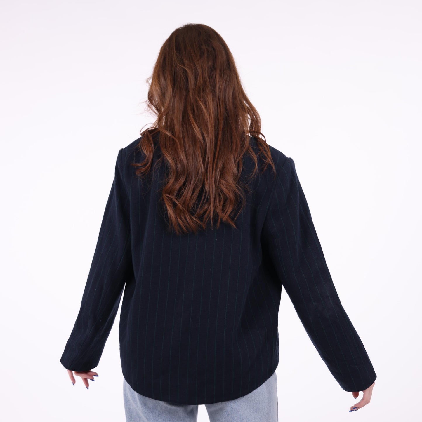 Navy Pinstripe Open-Front Blazer