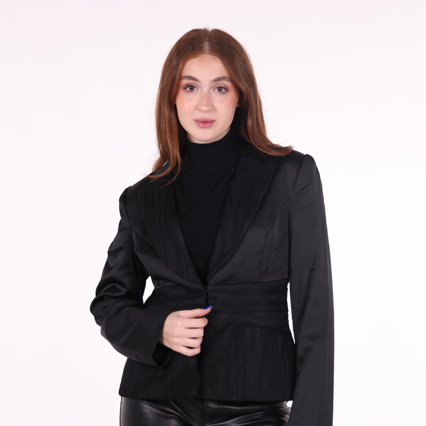 Black Satin Blazer with Pleated Waist Detail