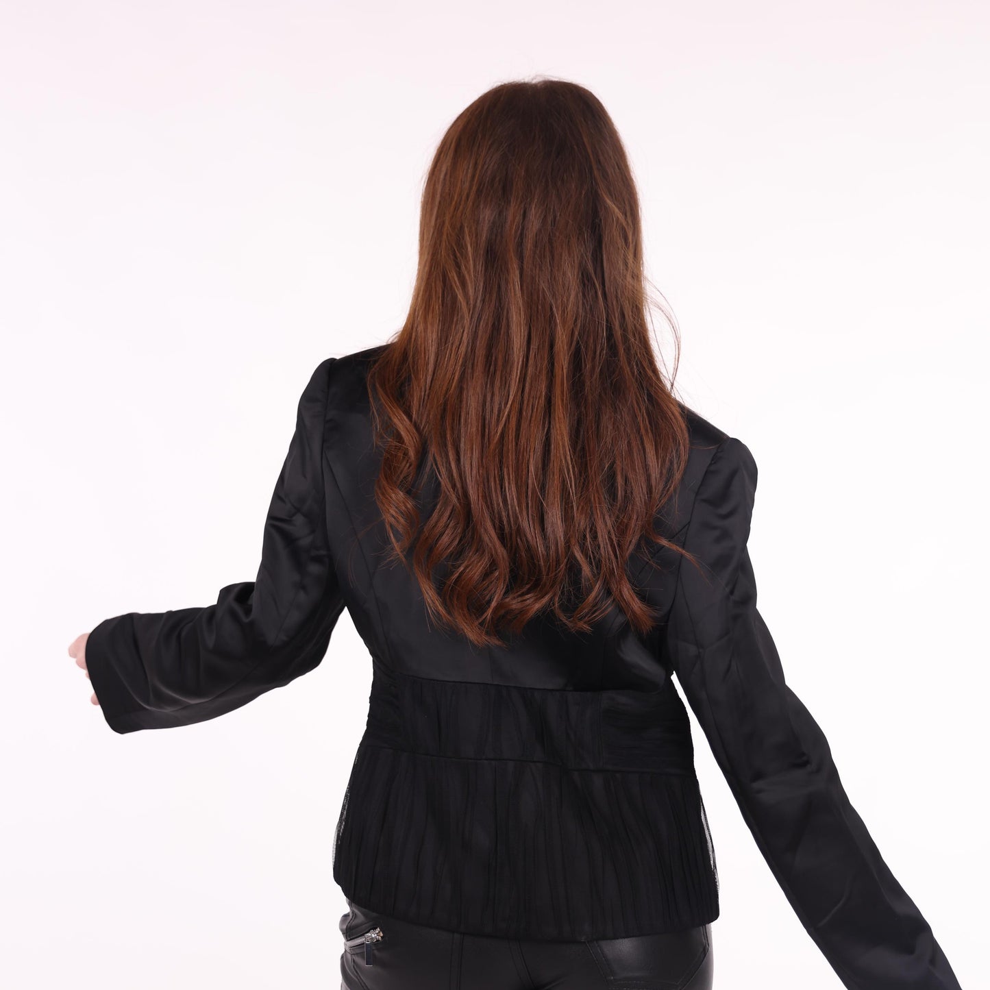 Black Satin Blazer with Pleated Waist Detail