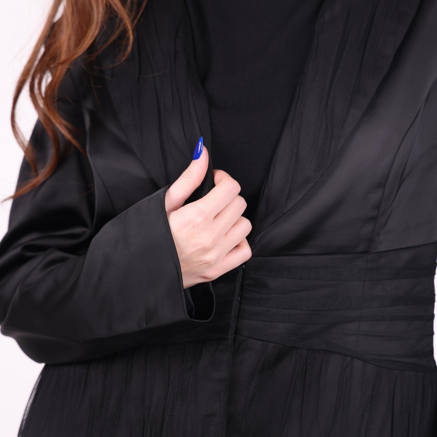 Black Satin Blazer with Pleated Waist Detail