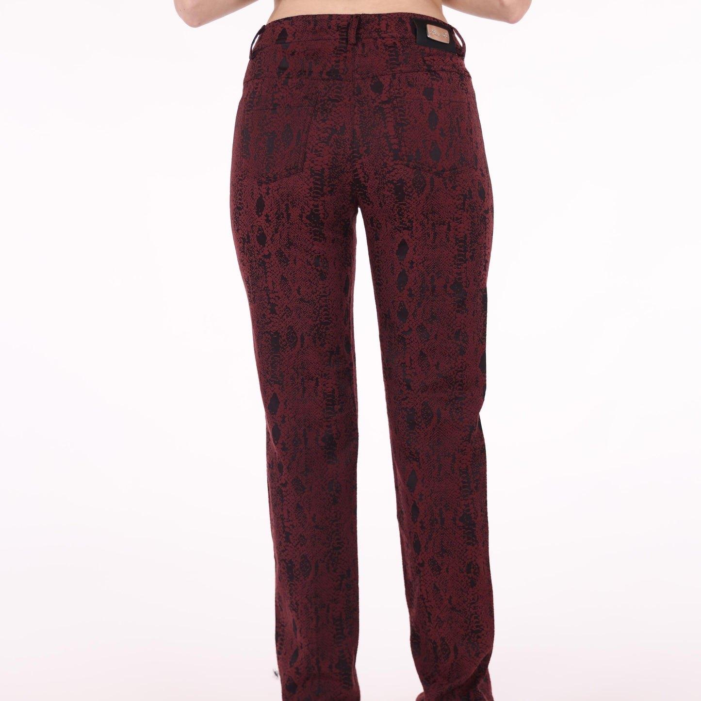 Burgundy Snake Print Slim-Fit Pants