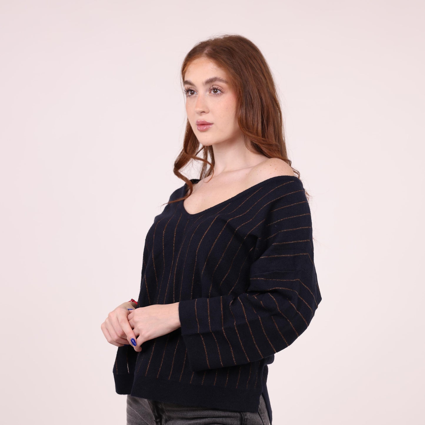 Navy V-Neck Sweater with Gold Pinstripes