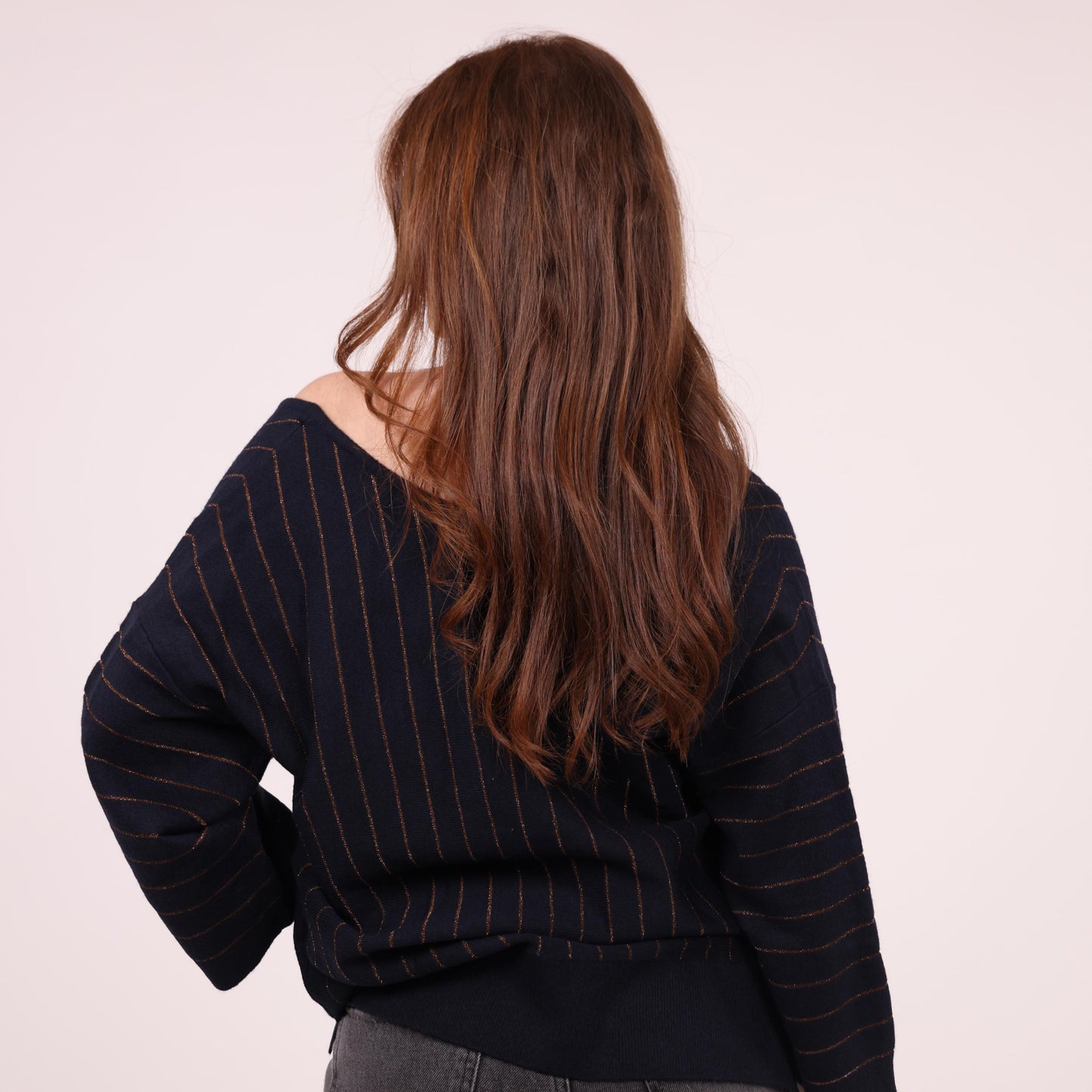 Navy V-Neck Sweater with Gold Pinstripes