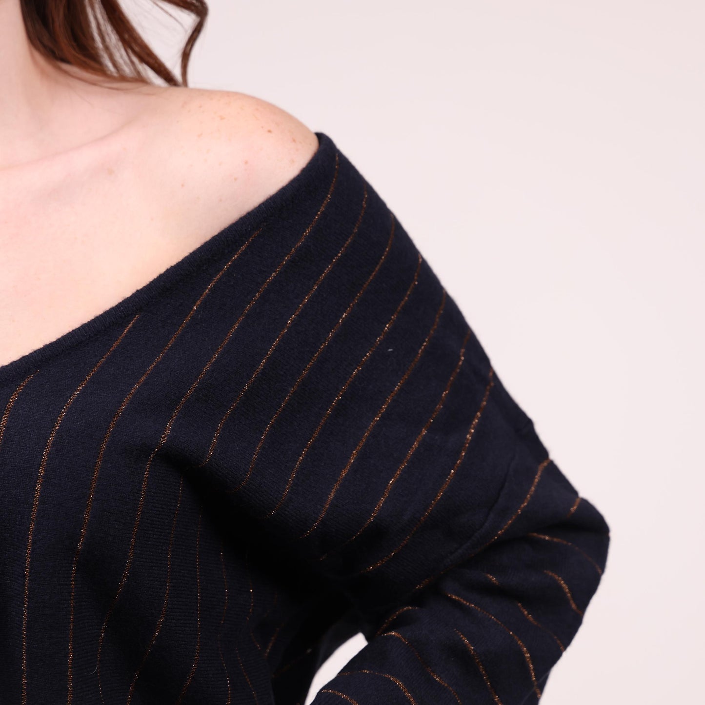 Navy V-Neck Sweater with Gold Pinstripes