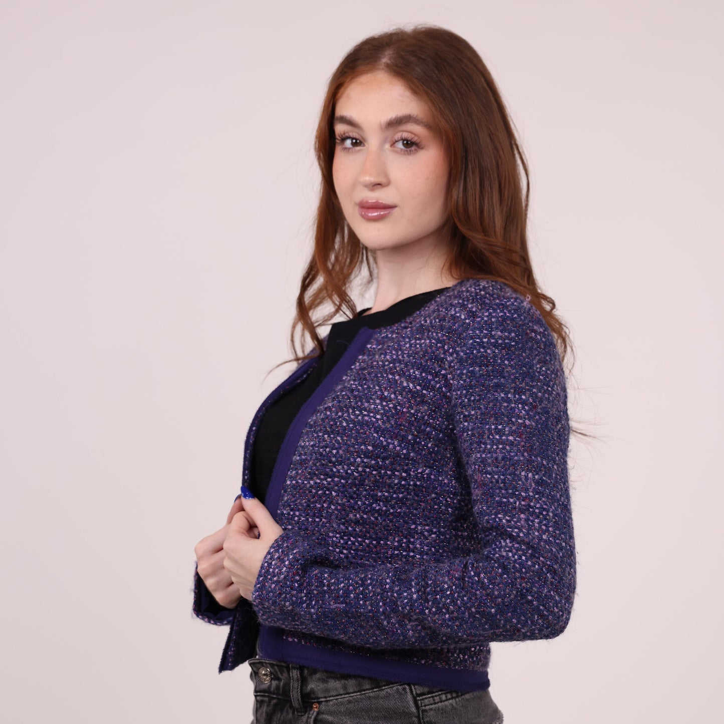 Textured Purple Tweed Cropped Jacket