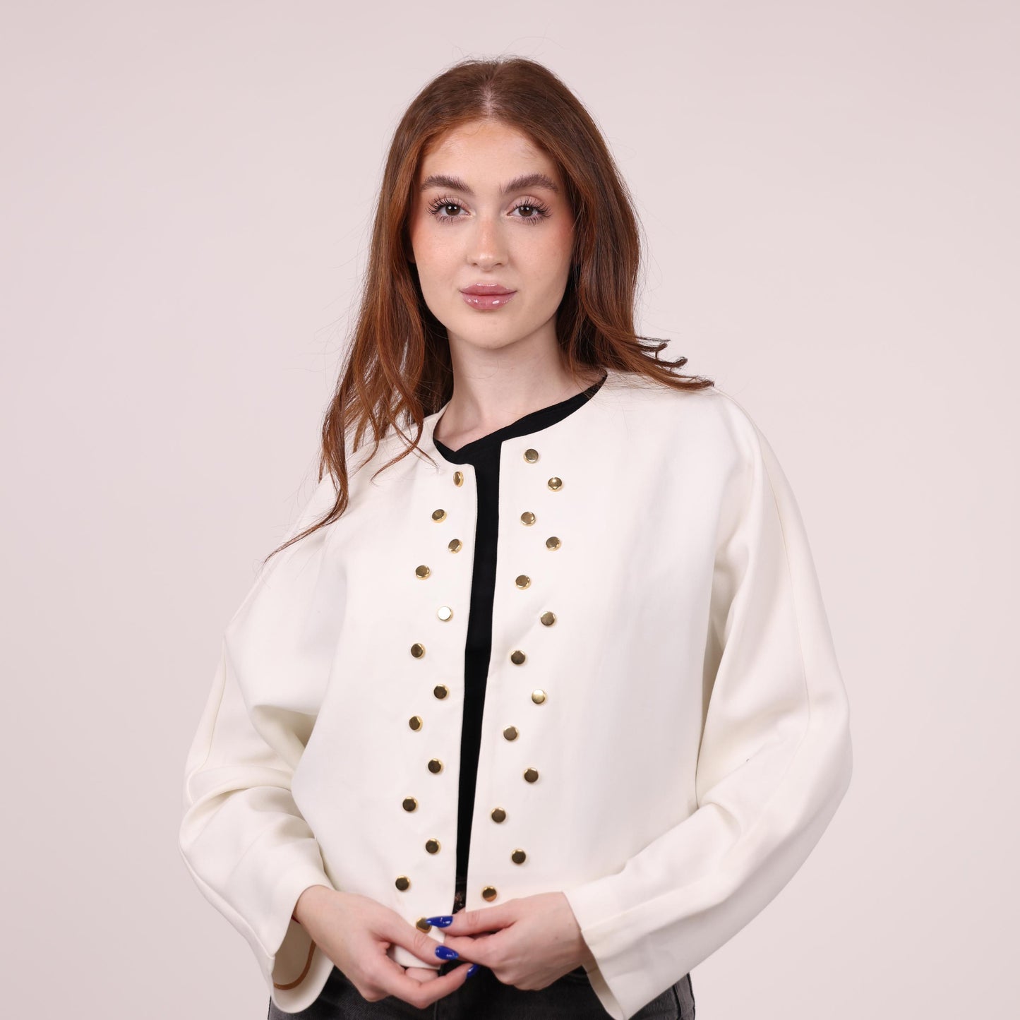 White Boxy Jacket with Gold Stud Accents