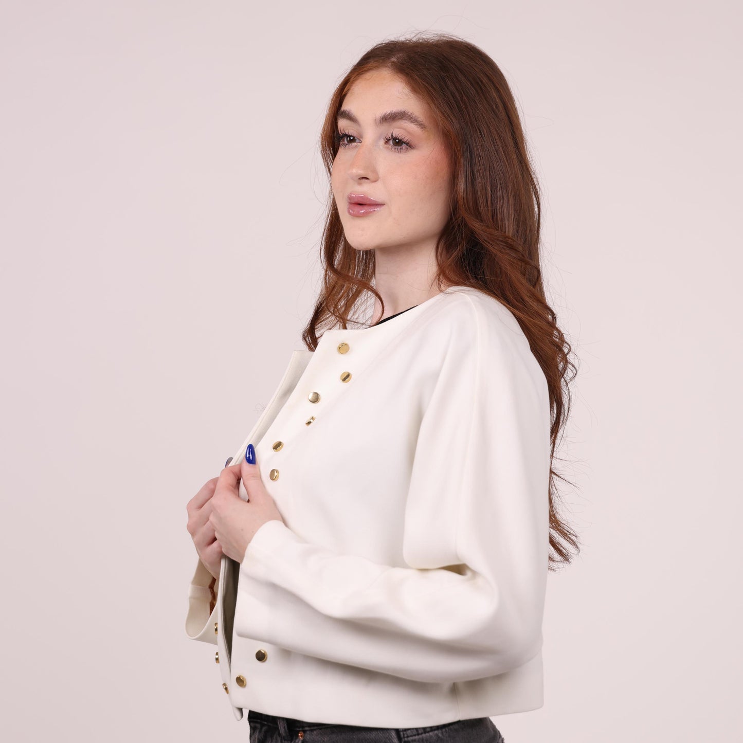 White Boxy Jacket with Gold Stud Accents