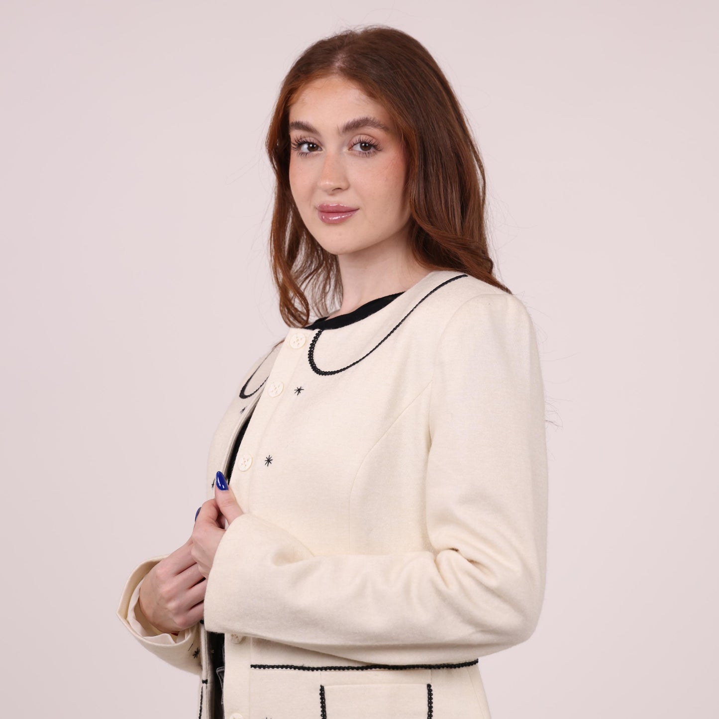 Cream Button-Up Jacket with Black Embroidered Accents
