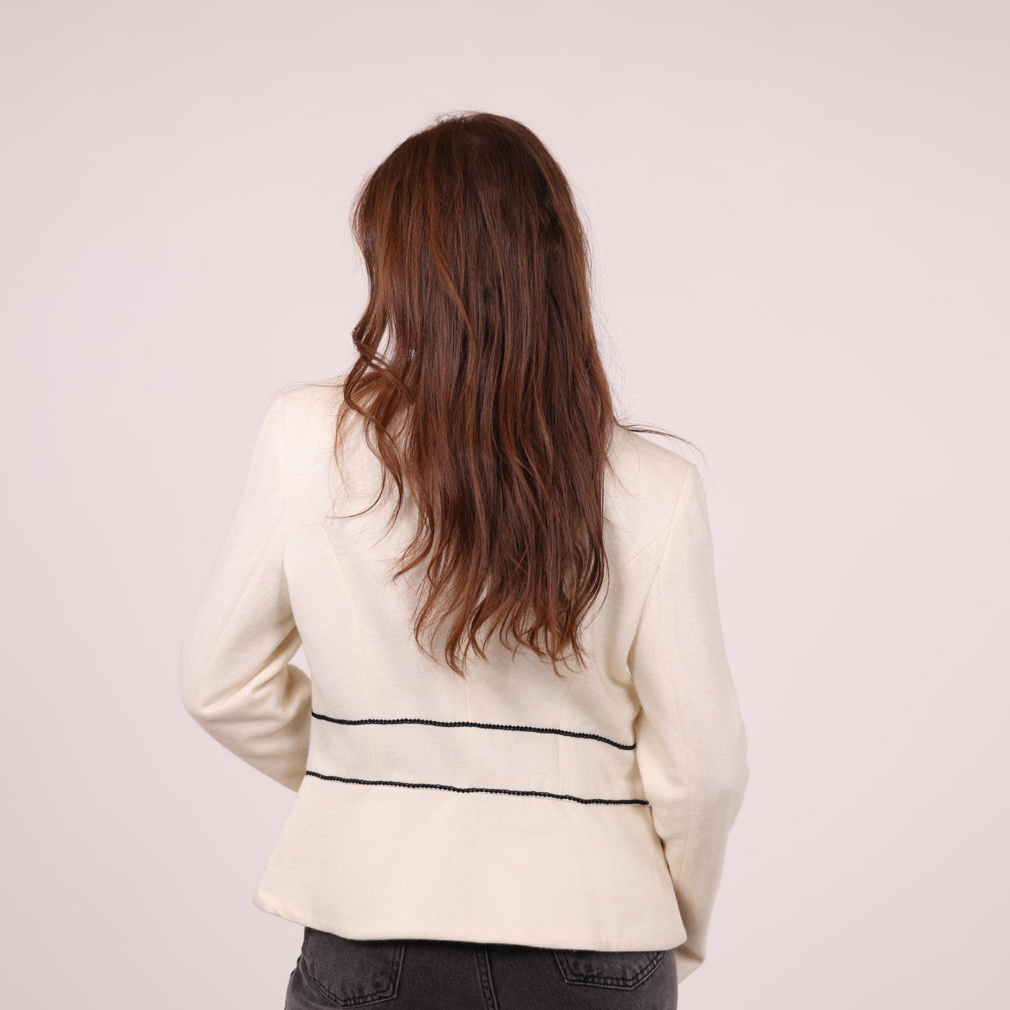 Cream Button-Up Jacket with Black Embroidered Accents