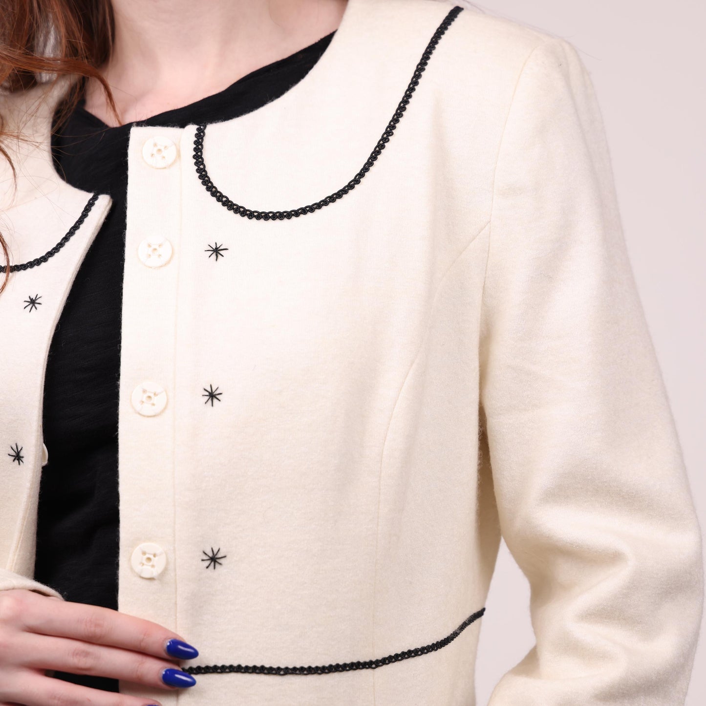 Cream Button-Up Jacket with Black Embroidered Accents