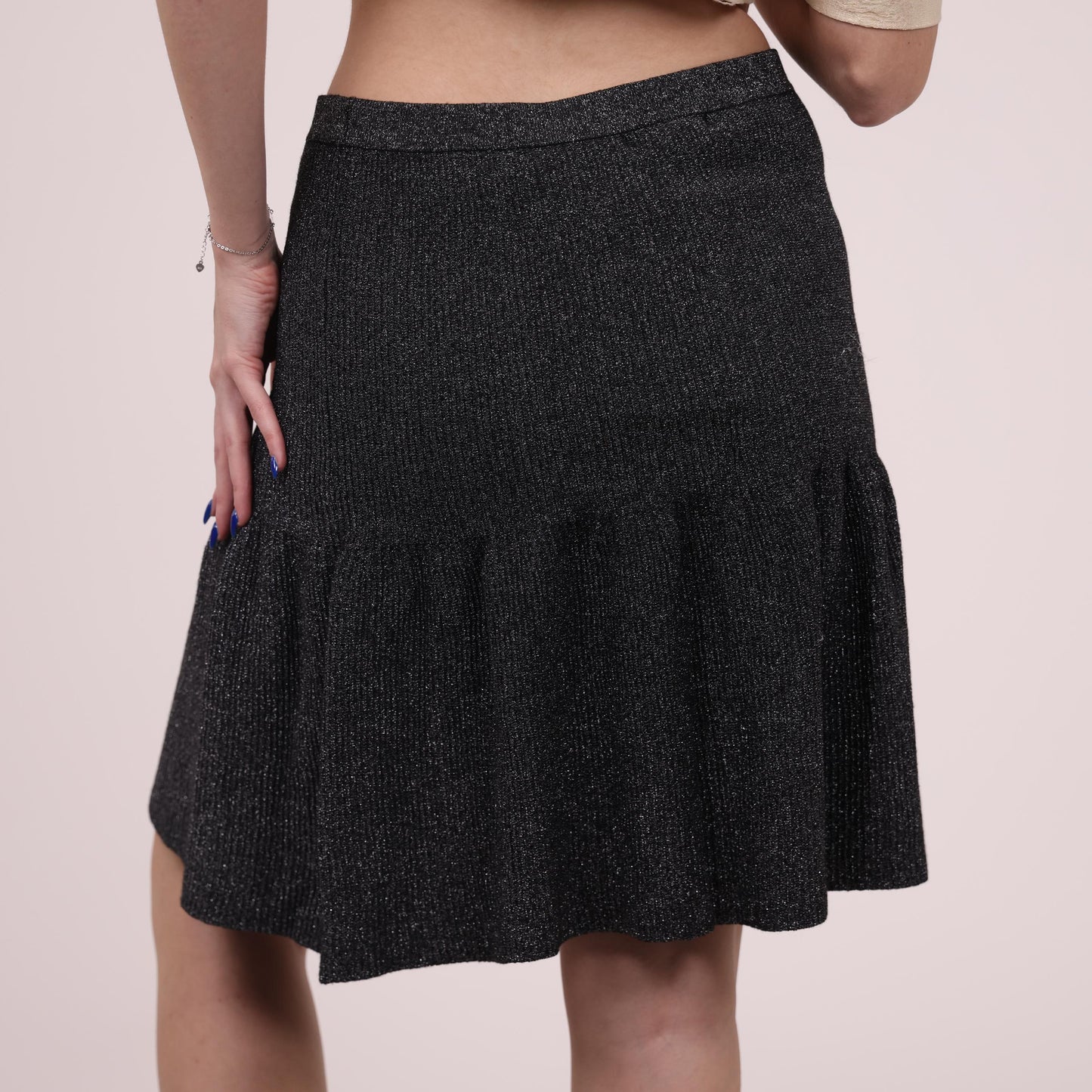 Black Metallic Flared Knit Skirt