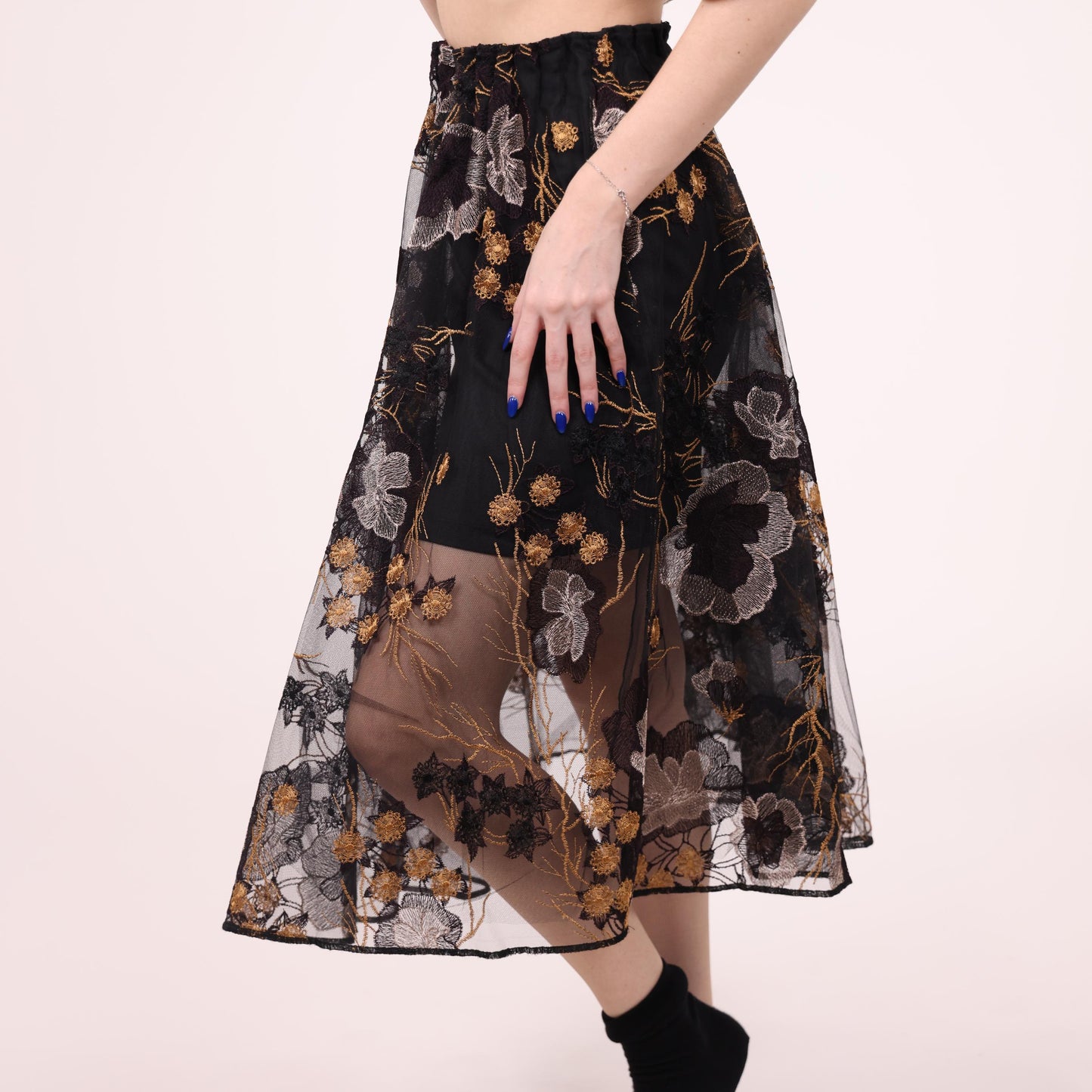 Black Sheer Midi Skirt with Floral Embroidery