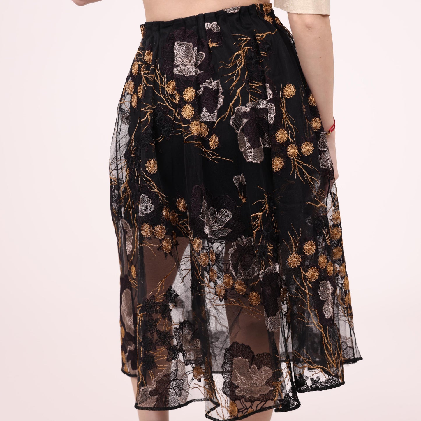 Black Sheer Midi Skirt with Floral Embroidery