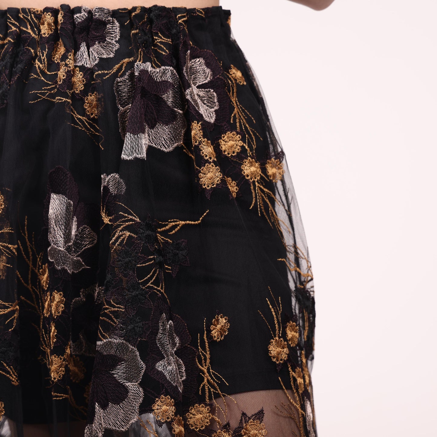 Black Sheer Midi Skirt with Floral Embroidery