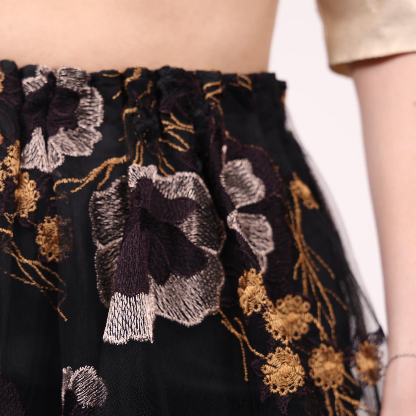 Black Sheer Midi Skirt with Floral Embroidery