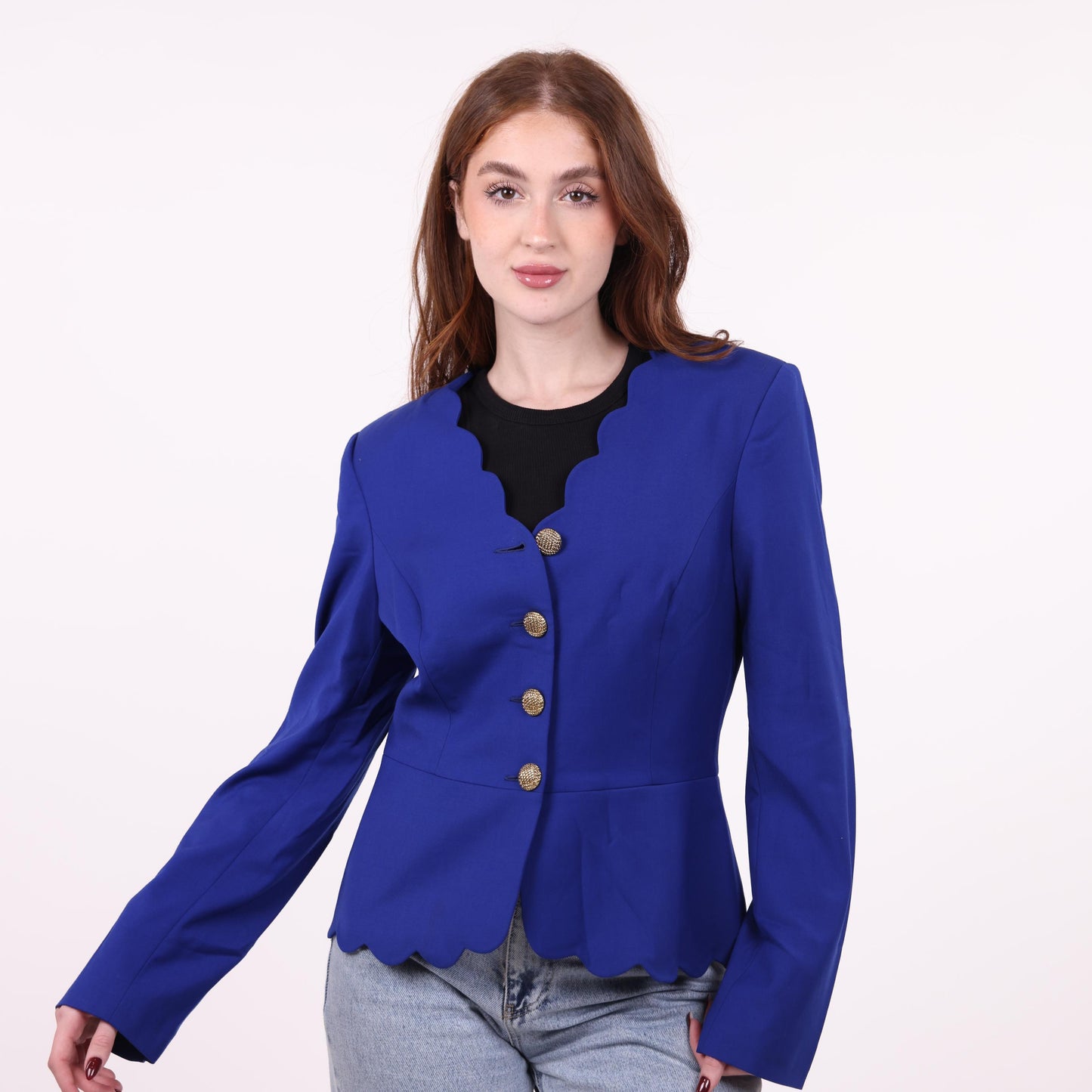 Royal Blue Scalloped-Edge Blazer with Gold Buttons