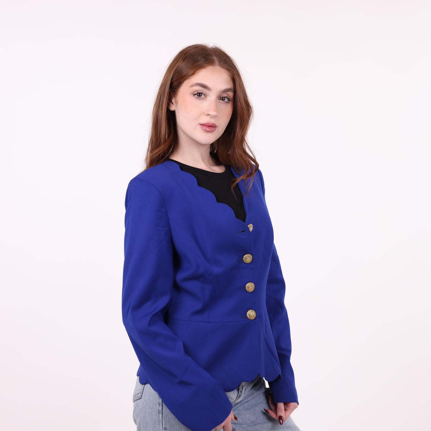 Royal Blue Scalloped-Edge Blazer with Gold Buttons
