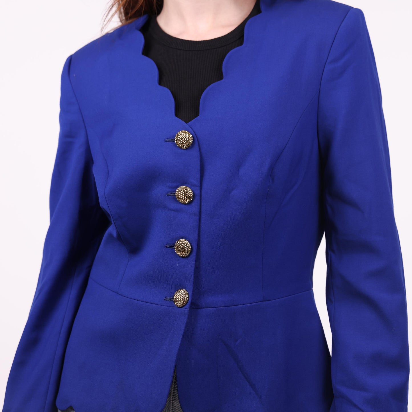 Royal Blue Scalloped-Edge Blazer with Gold Buttons