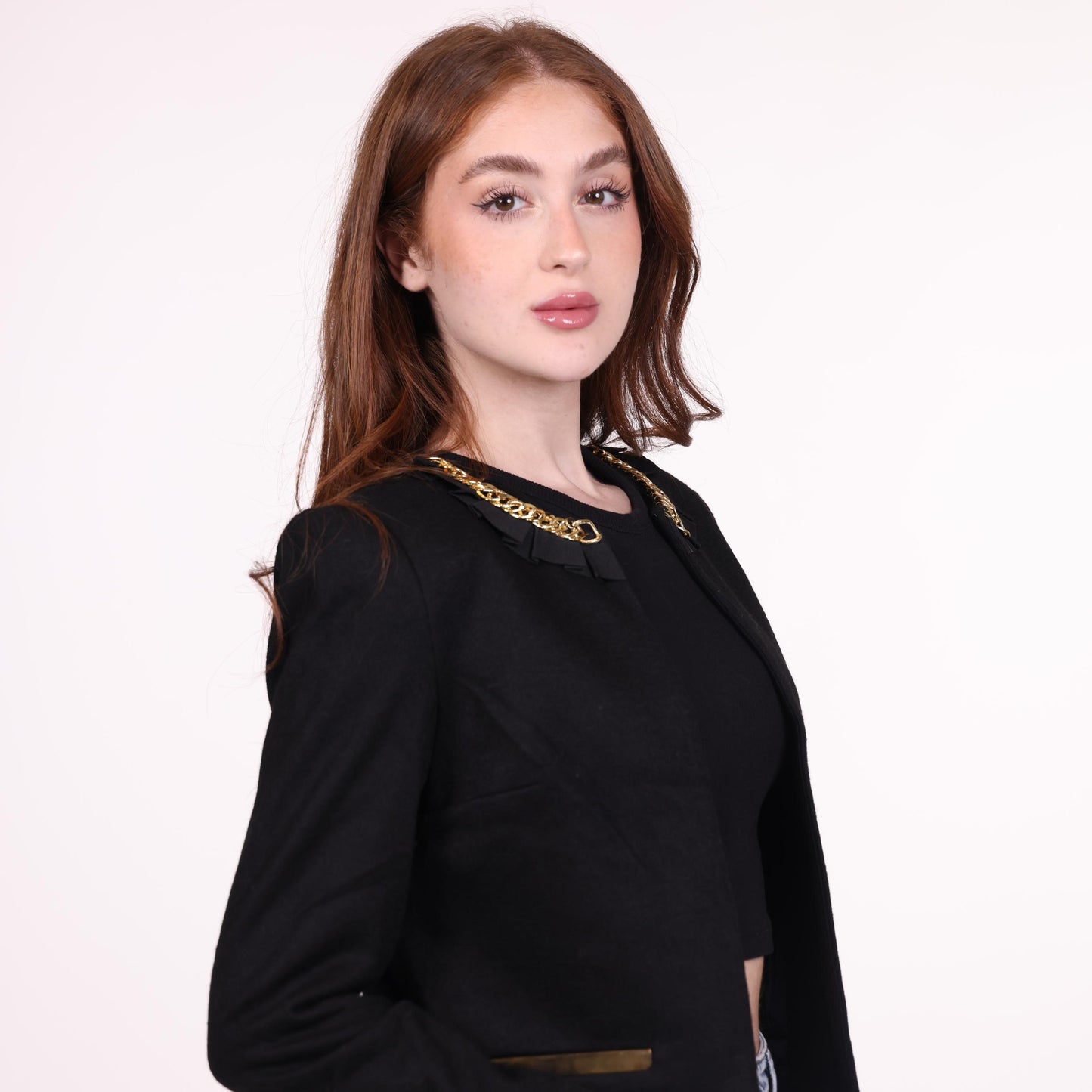 Black Cropped Blazer with Chain and Ruffle Collar Detail