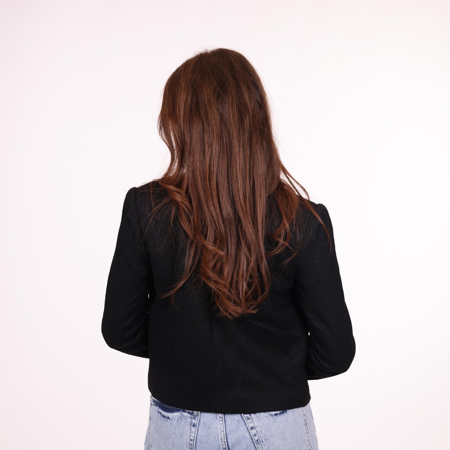Black Cropped Blazer with Chain and Ruffle Collar Detail