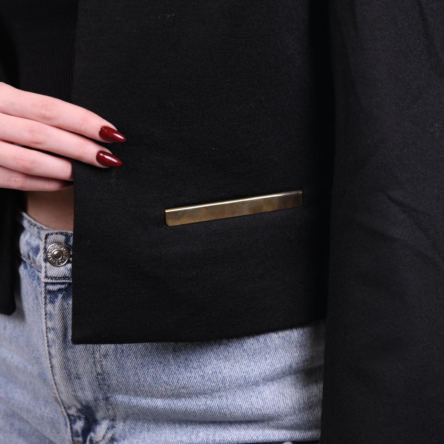 Black Cropped Blazer with Chain and Ruffle Collar Detail