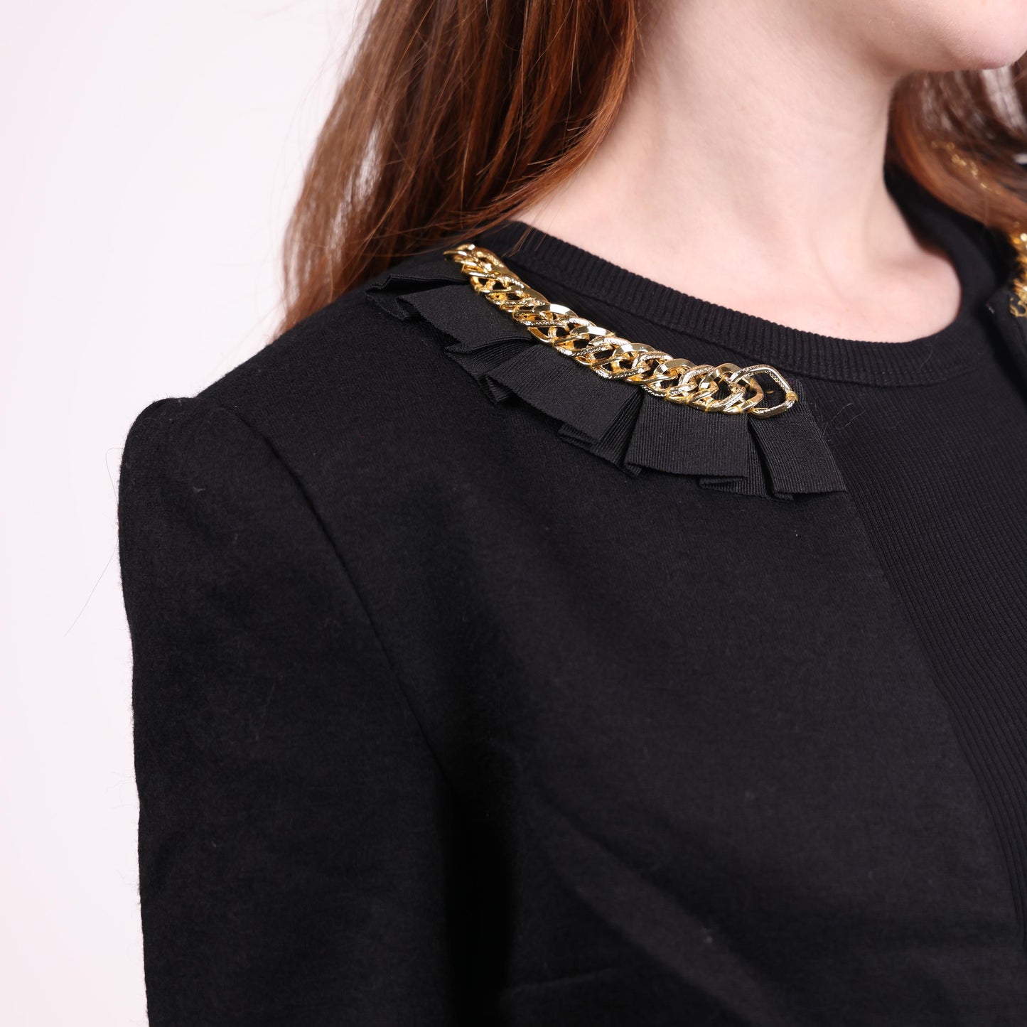 Black Cropped Blazer with Chain and Ruffle Collar Detail