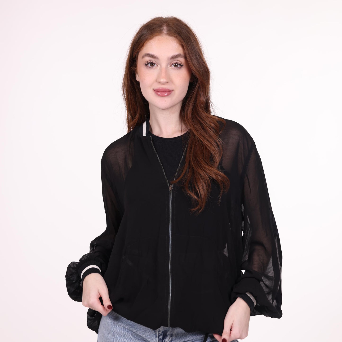 Sheer Black Bomber Jacket with Zipper Closure