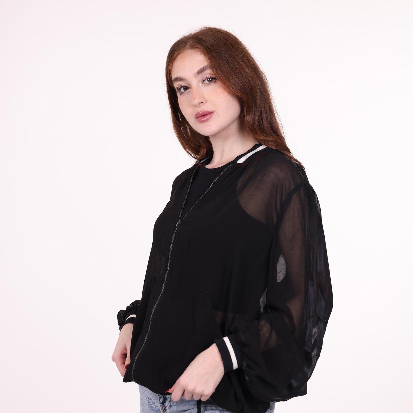 Sheer Black Bomber Jacket with Zipper Closure