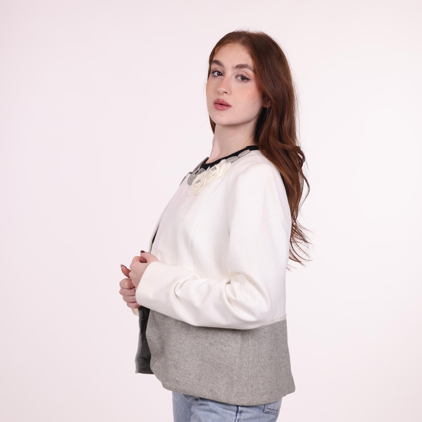 Two-Tone White and Gray Embellished Collar Jacket