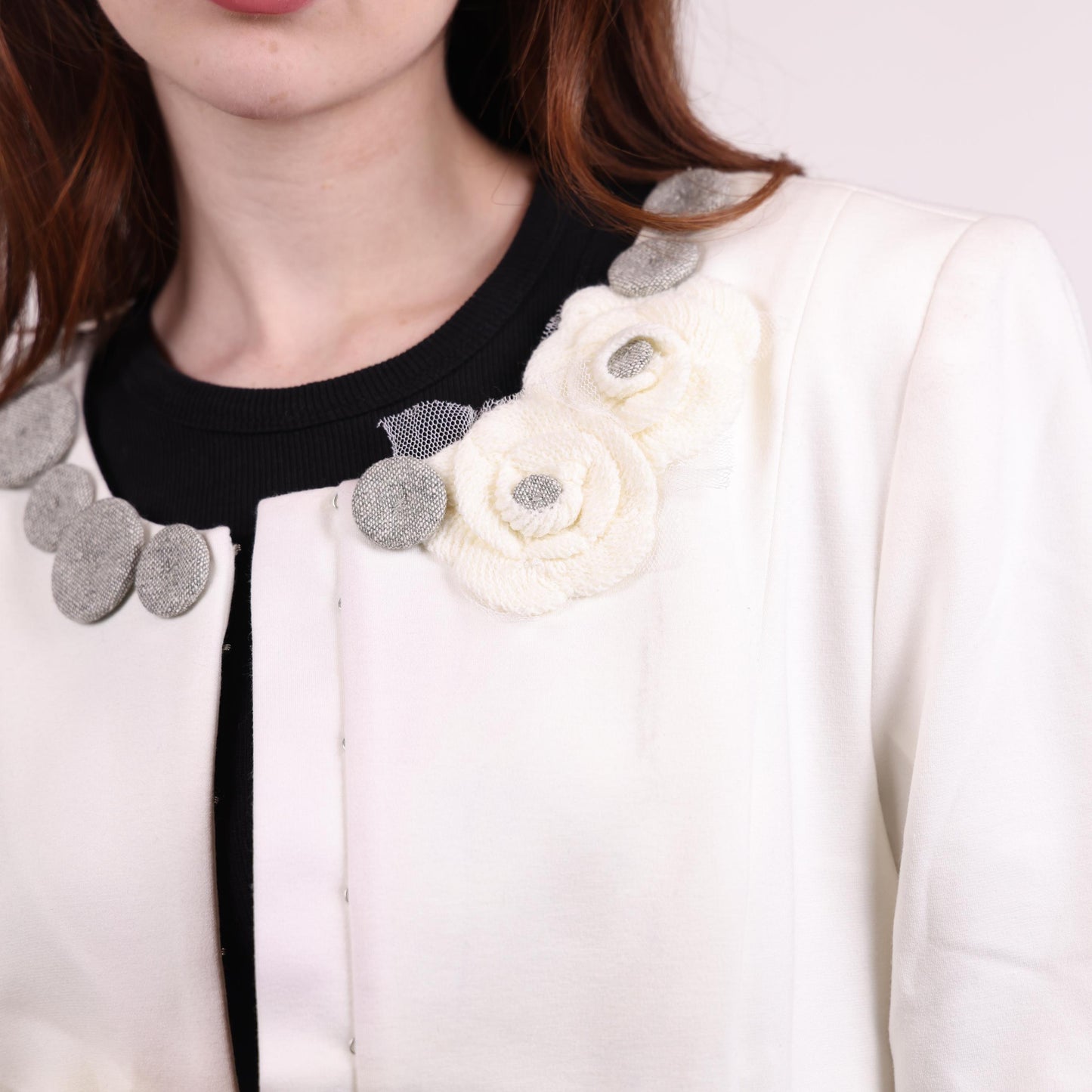 Two-Tone White and Gray Embellished Collar Jacket