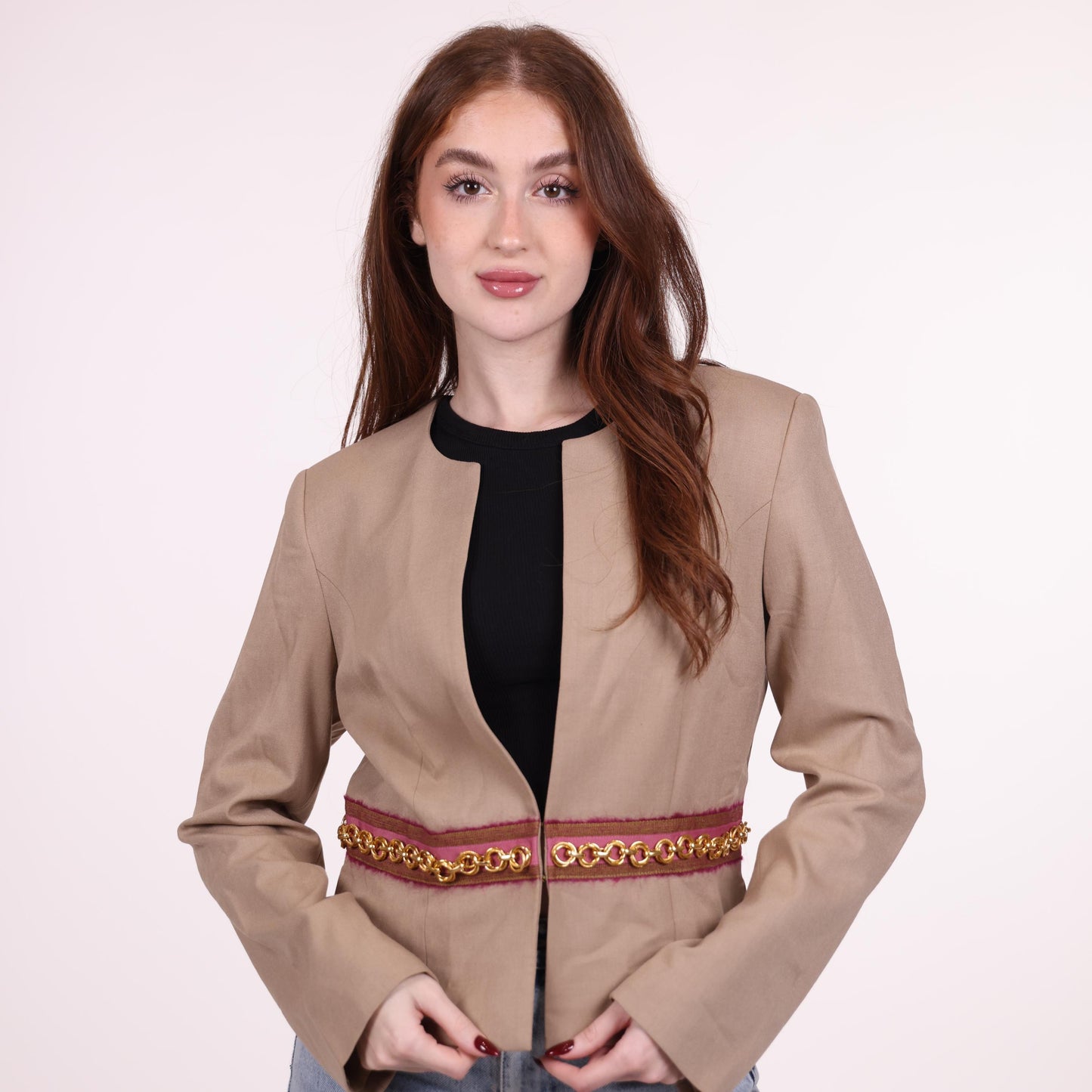Beige Blazer with Maroon and Gold Chain Detail