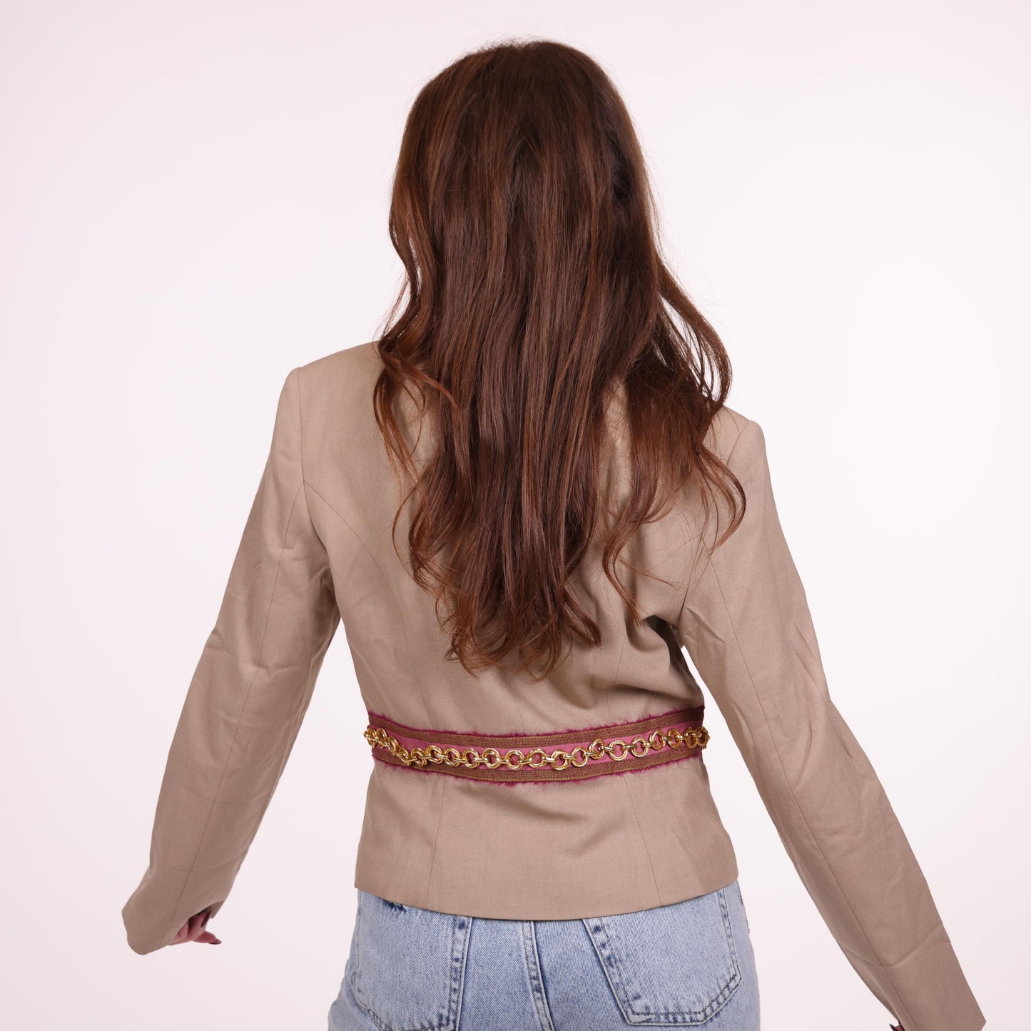 Beige Blazer with Maroon and Gold Chain Detail