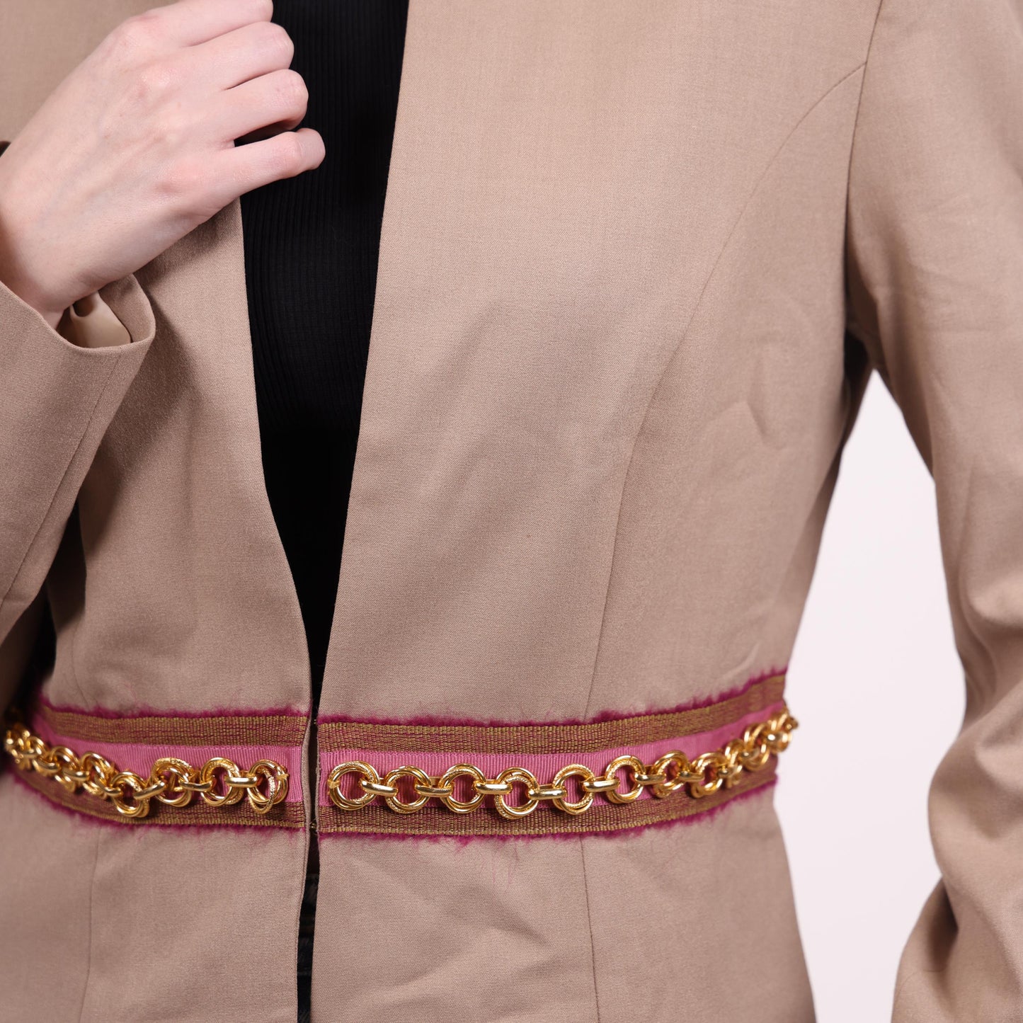 Beige Blazer with Maroon and Gold Chain Detail
