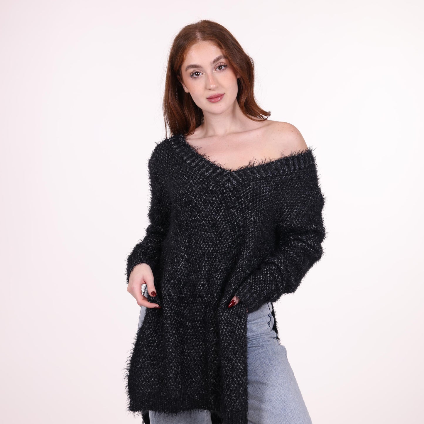 Black Off-Shoulder Fuzzy Knit Sweater