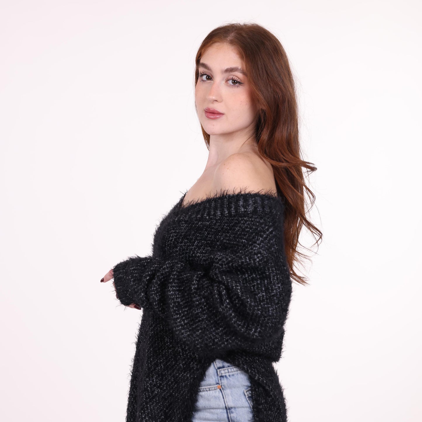 Black Off-Shoulder Fuzzy Knit Sweater