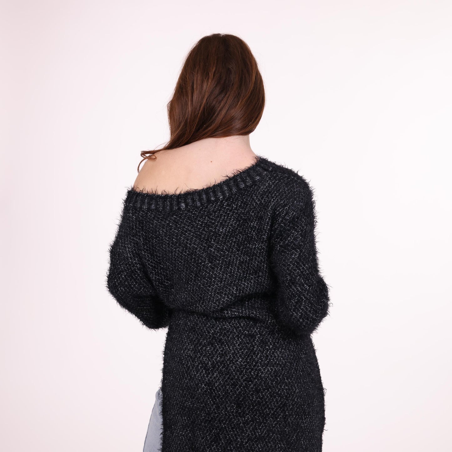 Black Off-Shoulder Fuzzy Knit Sweater
