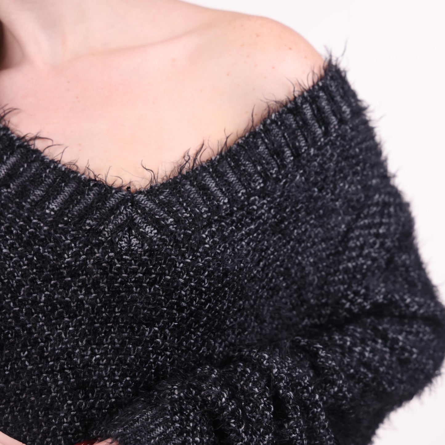 Black Off-Shoulder Fuzzy Knit Sweater