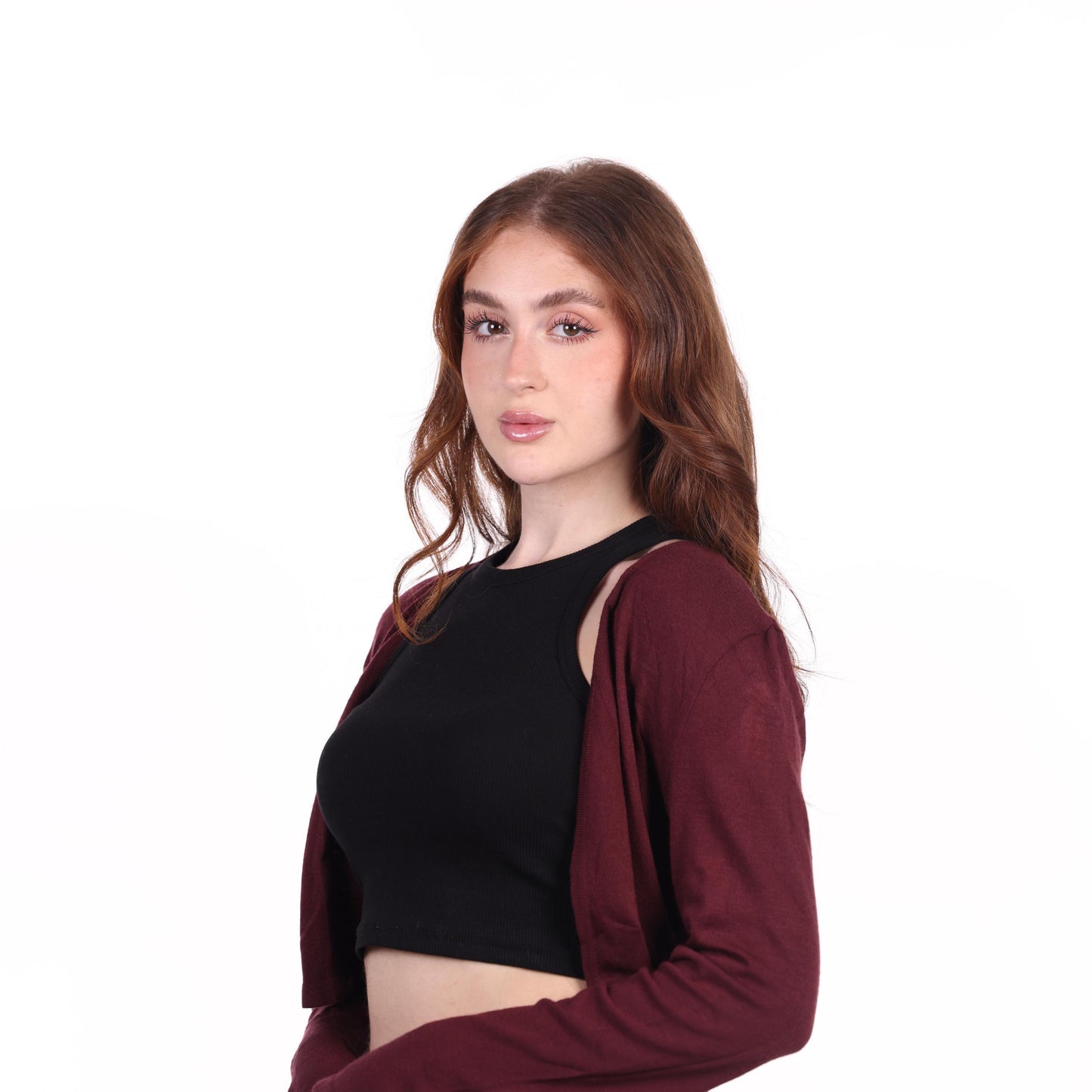 Burgundy Cropped Cardigan with Long Sleeves