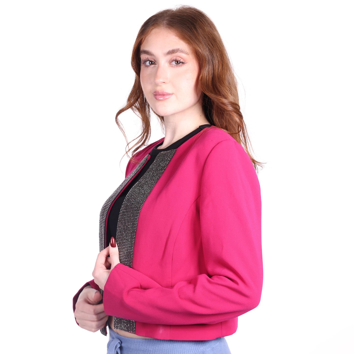 Fuchsia Cropped Jacket with Embellished Trim
