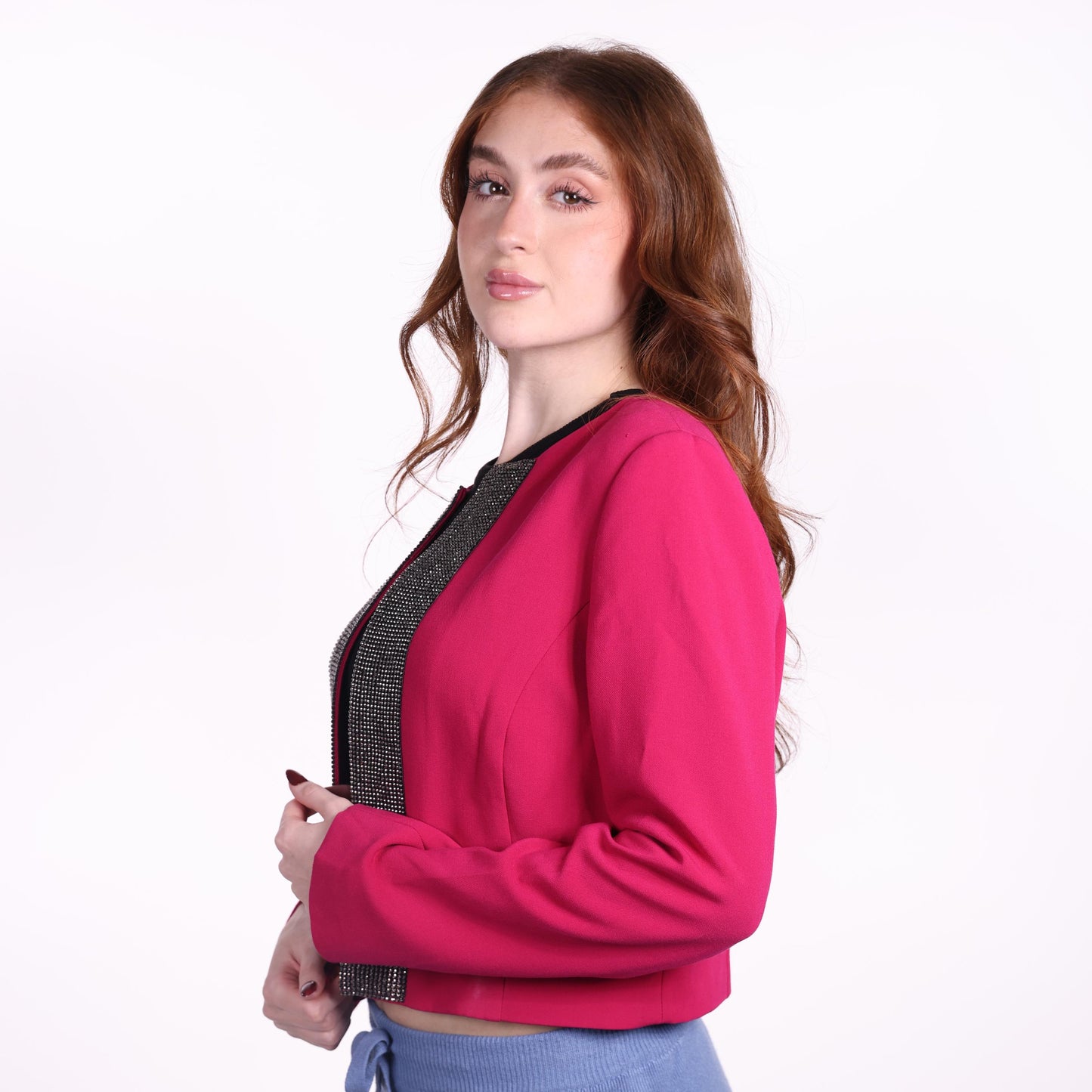 Fuchsia Cropped Jacket with Embellished Trim