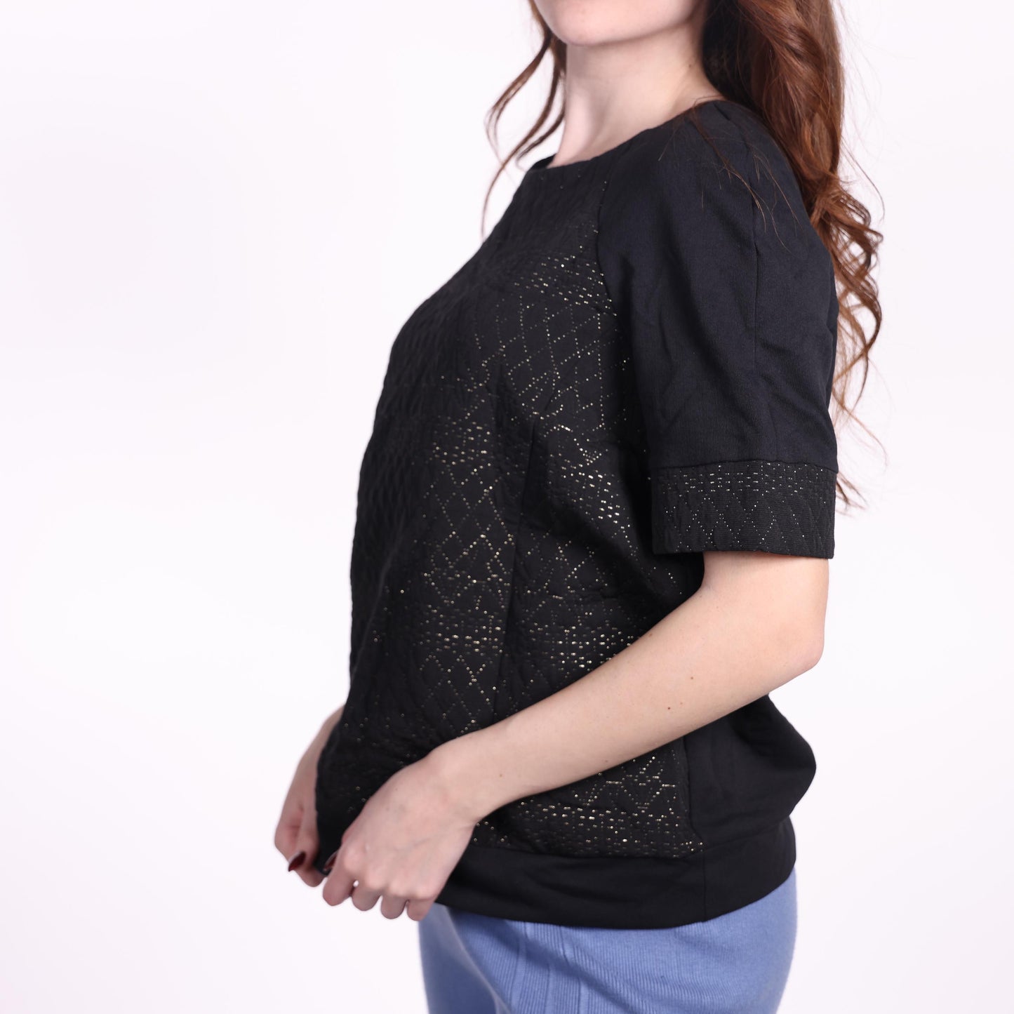 Black Quilted Short-Sleeve Top with Textured Detailing