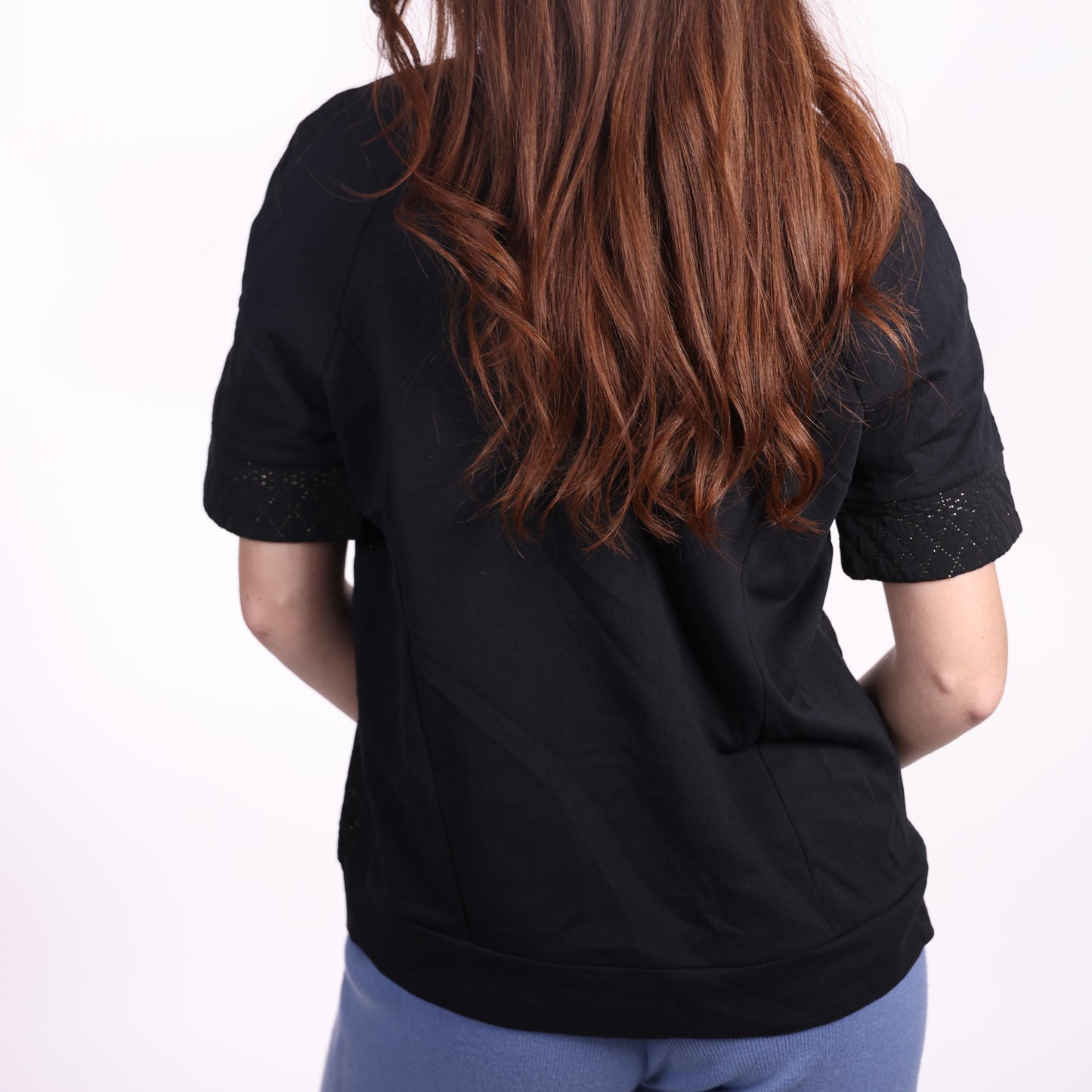 Black Quilted Short-Sleeve Top with Textured Detailing