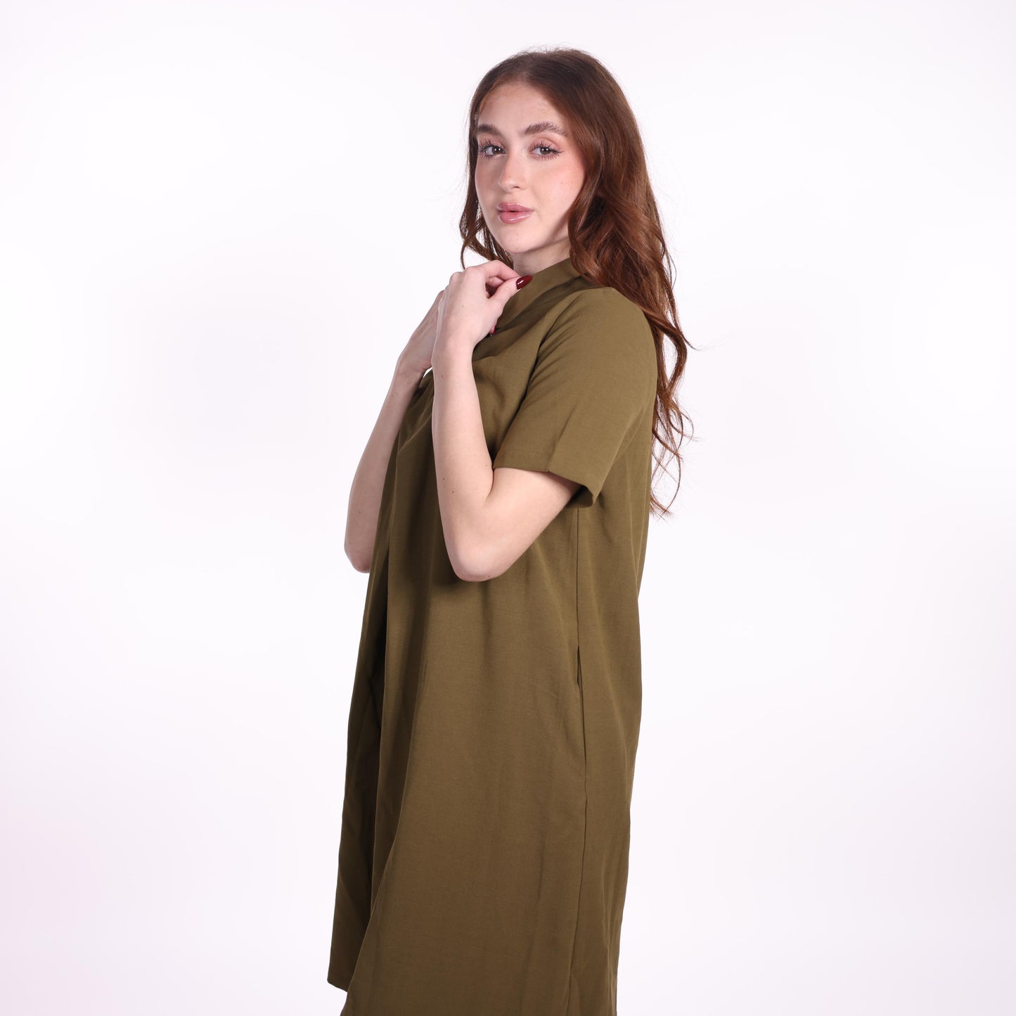 Olive Green Short-Sleeve Pleated Shirt Dress