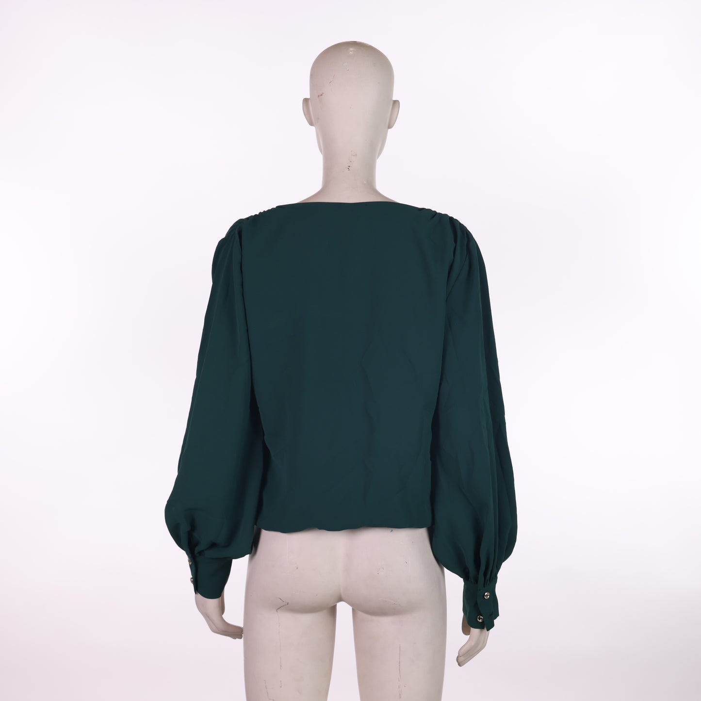 Deep Green Wrap-Front Blouse with Long Sleeves