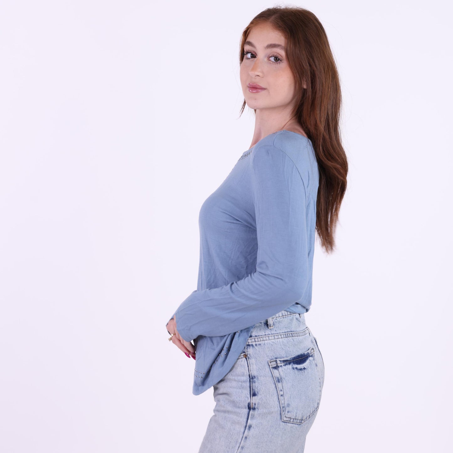 Dusty Blue Long Sleeve Top with Studded Detailing